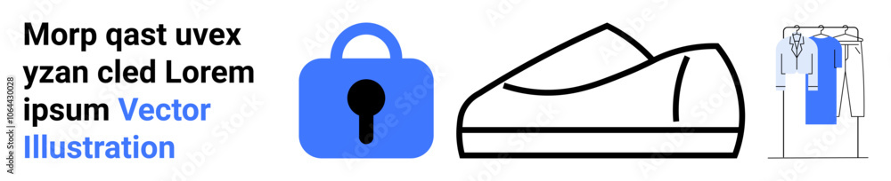 Blue lock icon, outlined shoe, and clothes hanger with shirts. Ideal for security, fashion, retail, design, e-commerce, branding, and digital content. Banner for landing page Blue lock icon, outlined shoe, and clothes hanger with shirts. Ideal for security, fashion, retail, design, e-commerce, branding, and digital content. Banner for landing page