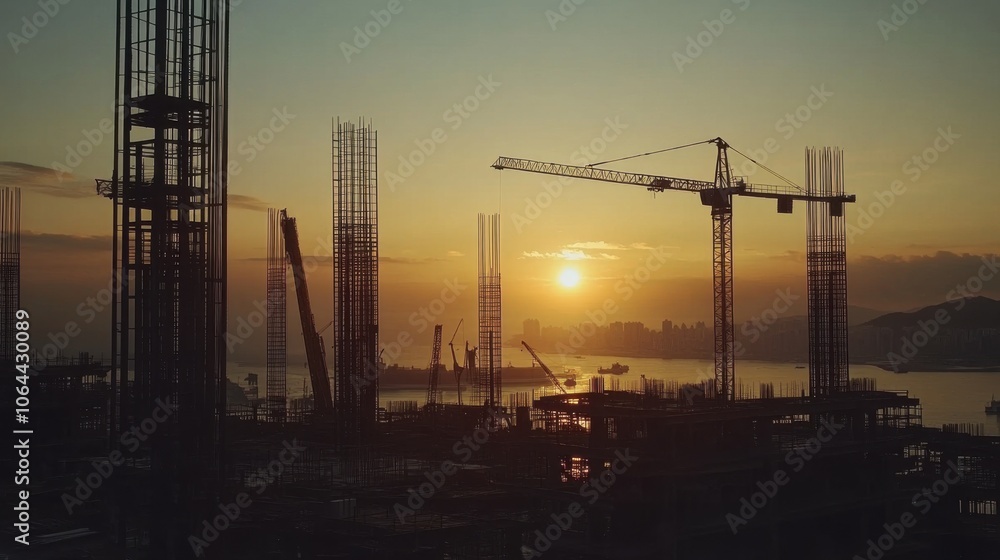 Construction site with cranes and building silhouettes at sunrise, aerial view. Construction site with cranes and building silhouettes at sunrise, aerial view.