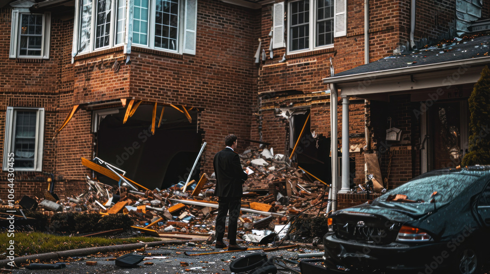 Destroying House Man surveying extensive destruction of a residential home following a ...
