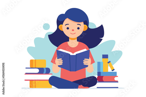 child reading a book vector art illustration