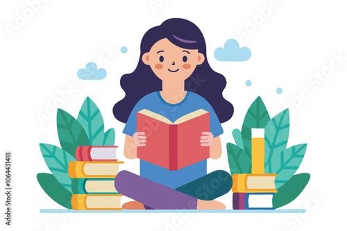 a girl read books on white background vector art illustration