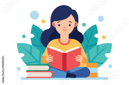 a girl read books on white background vector art illustration