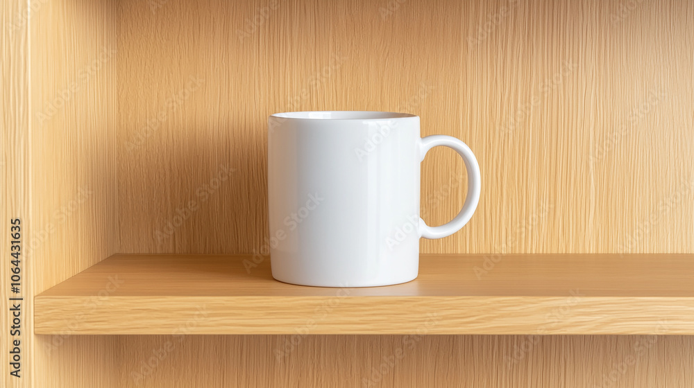 Wooden shelf with simple white mug Wooden shelf with simple white mug