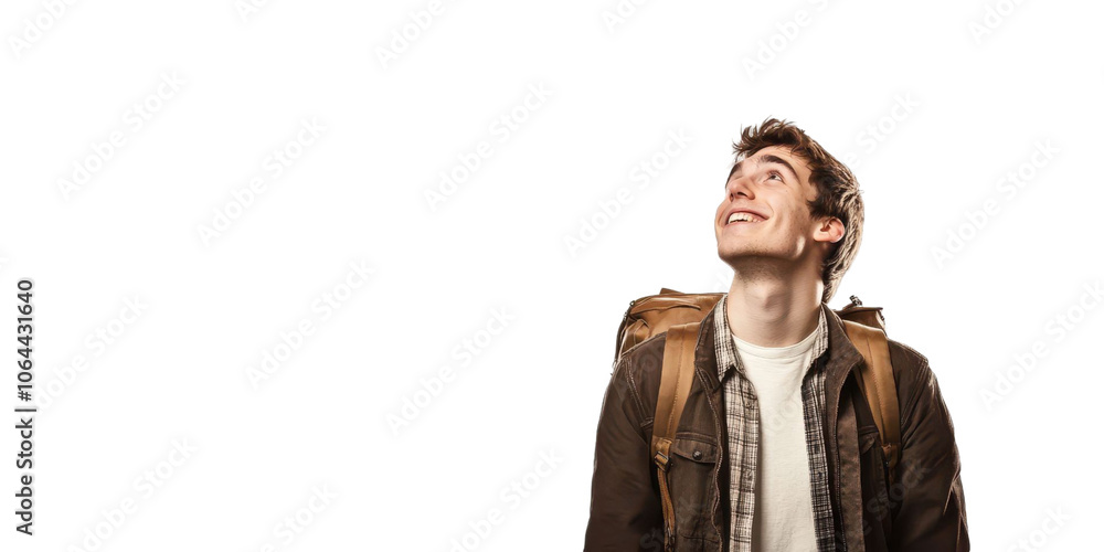 Young Man Looking Up with Backpack. Young Man Looking Up with Backpack.
