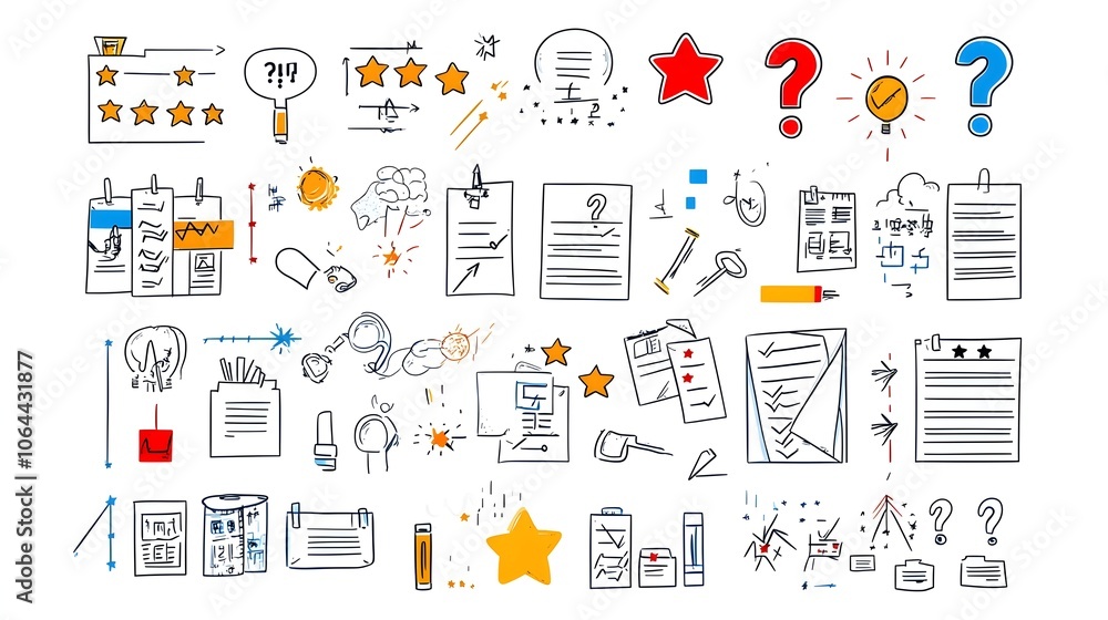 Naklejka premium Collection of survey themed icons featuring question marks rating stars and completed forms on a clean white background These represent market research customer feedback data analysis