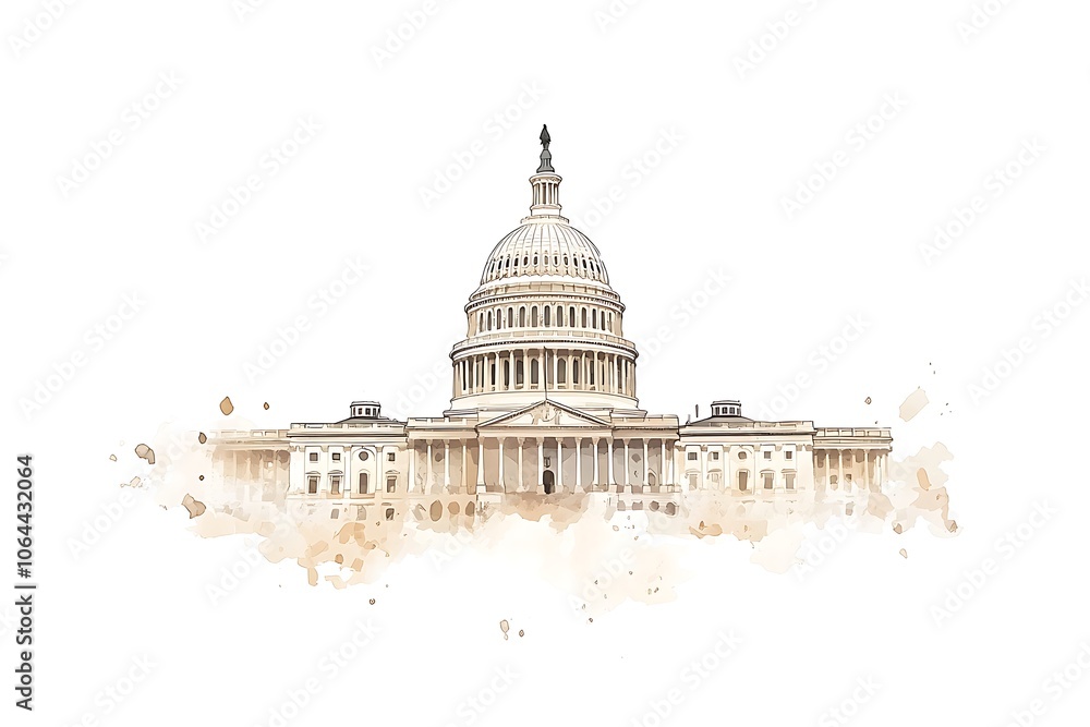 Fototapeta premium Watercolor sketch or illustration of a beautiful view of the US Capitol building in Washington DC in the USA.