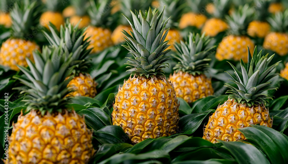 Fresh ripe pineapples growing in a lush green field.