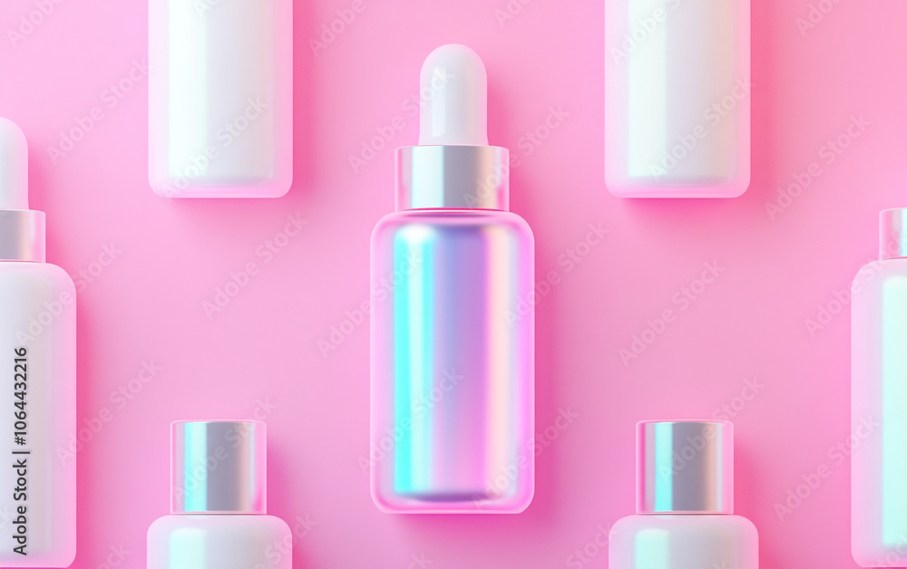 Glossy dropper bottle surrounded by white containers on a pink background. Glossy dropper bottle surrounded by white containers on a pink background.