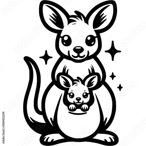 Australian baby kangaroo peeks out of its mother pouch in monochrome. Simple minimalistic vector in black ink drawing on transparent background