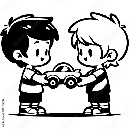 Boy gives a car to his friend who says thank you in monochrome. Simple minimalistic vector in black ink drawing on transparent background