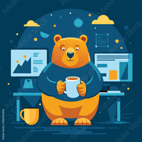 Ambitious Bear with Coffee, Working on a Presentation on a Large Monitor