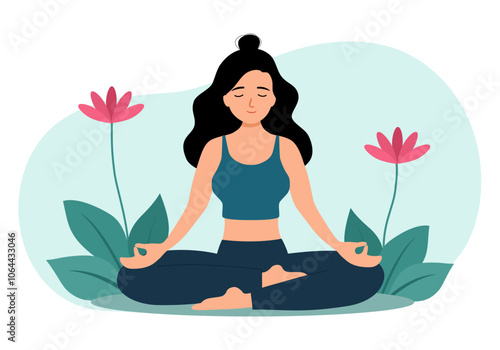 Beautiful girl doing yoga in flat design. International yoga day. Young woman in a lotus pose meditation.