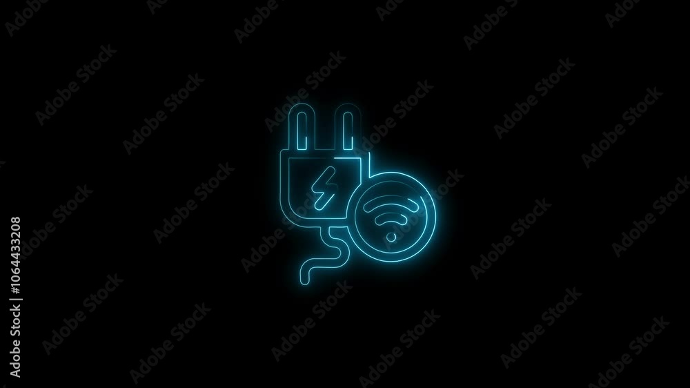 Neon Blue Icon of Electric Plug and Wi-Fi Signal on Black Background Neon Blue Icon of Electric Plug and Wi-Fi Signal on Black Background