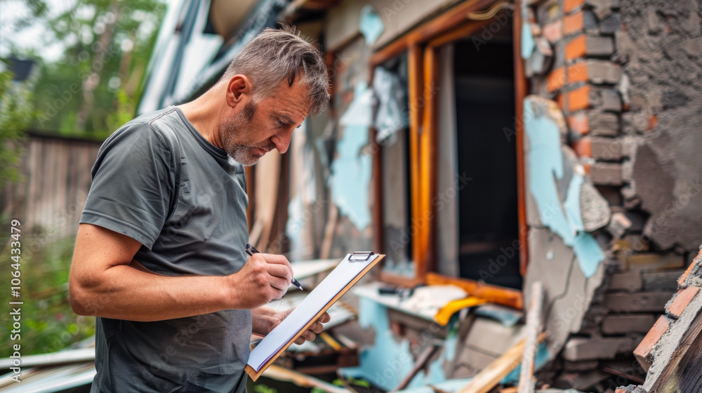 Man assessing damage to a house after a natural disaster with clipboard Man assessing damage to a house after a natural disaster with clipboard