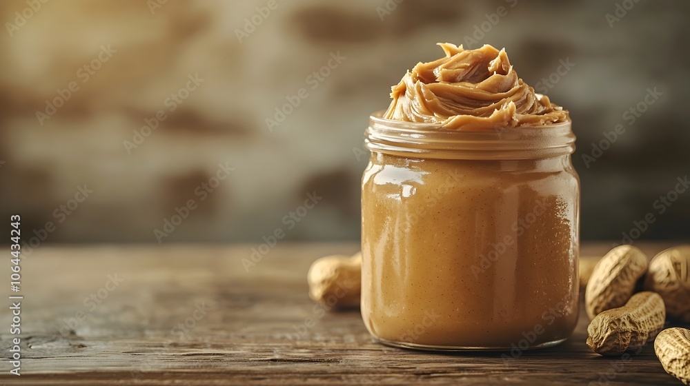 Closeup of Rustic Wooden Table with Glass Jar of Creamy Peanut Butter Closeup of Rustic Wooden Table with Glass Jar of Creamy Peanut Butter
