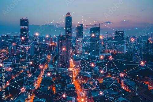 Wallpaper Mural A global network of interconnected devices showcases innovation in urban environments during twilight Torontodigital.ca