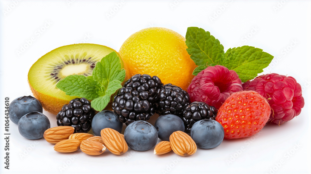 Fresh Fruits, Nuts and Granola on White Background Fresh Fruits, Nuts and Granola on White Background
