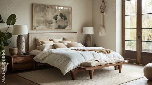 Bedroom design with a marble bed frame, wooden side tables, and plush bedding for a luxurious, serene vibe. home interior design 