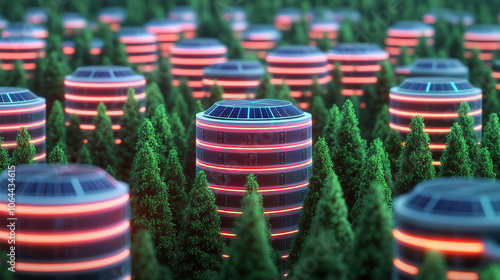 Futuristic data centers nestled amid green pine forests, glowing at night.