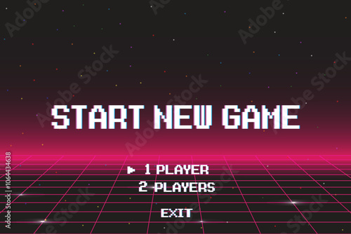 START NEW GAME. press start button .pixel art .8 bit game. retro game. for game assets in vector illustrations. Retro Futurism Sci-Fi Background. glowing neon grid. and stars from vintage arcade comp.