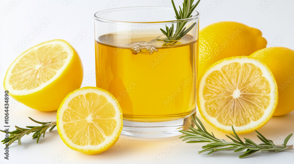 Fresh herbal tea with lemon slices and rosemary kept on table Fresh herbal tea with lemon slices and rosemary kept on table