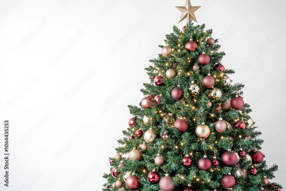A classic Christmas tree, richly decorated with an assortment of ornaments, twinkling fairy lights, and elegant tinsel. A classic Christmas tree, richly decorated with an assortment of ornaments, twinkling fairy lights, and elegant tinsel.
