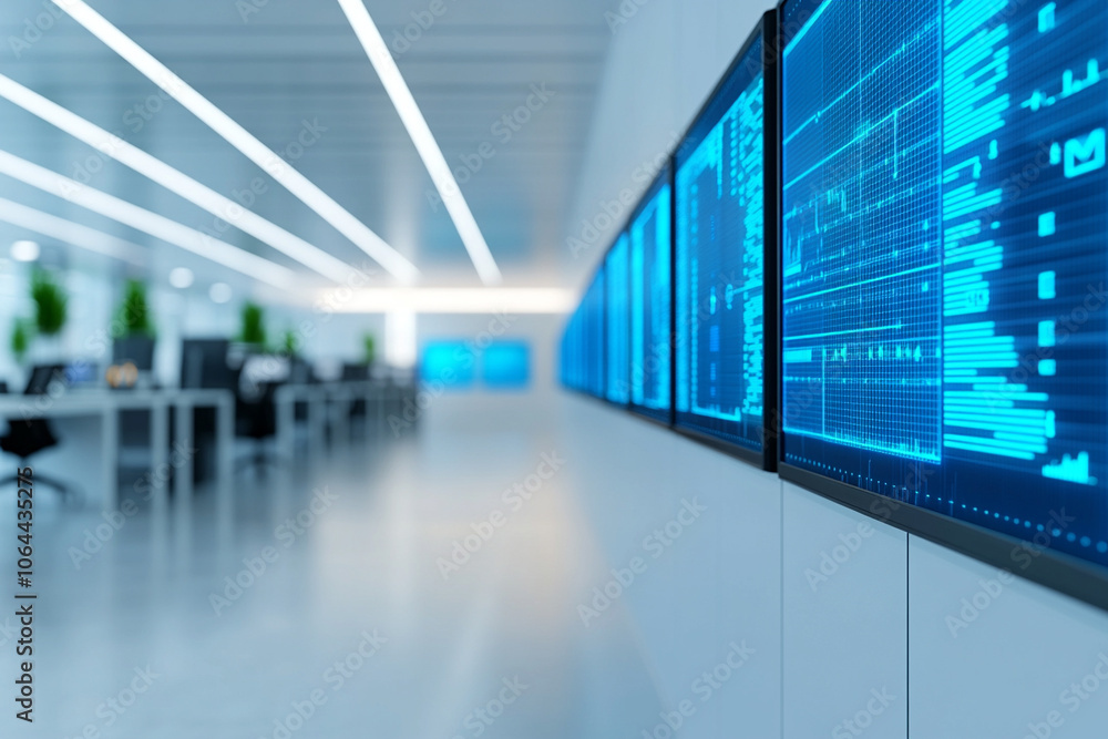 Modern office with digital displays and bright lighting, showcasing technology. Modern office with digital displays and bright lighting, showcasing technology.