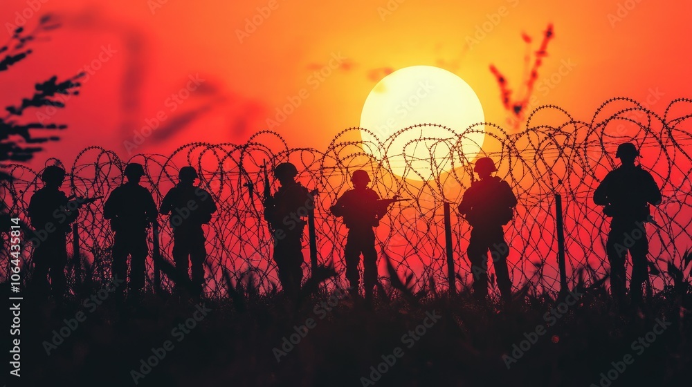 Fototapeta premium Soldiers Silhouetted Against a Sunset and Barbed Wire