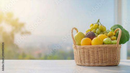Fresh organic fruits and vegetables in wicker basket 