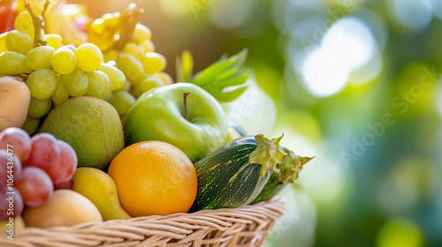 Fresh organic fruits and vegetables in wicker basket 