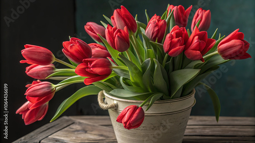 Bouquet of fresh red tulips in a rustic vase, vibrant mood, concept of beauty and nature 