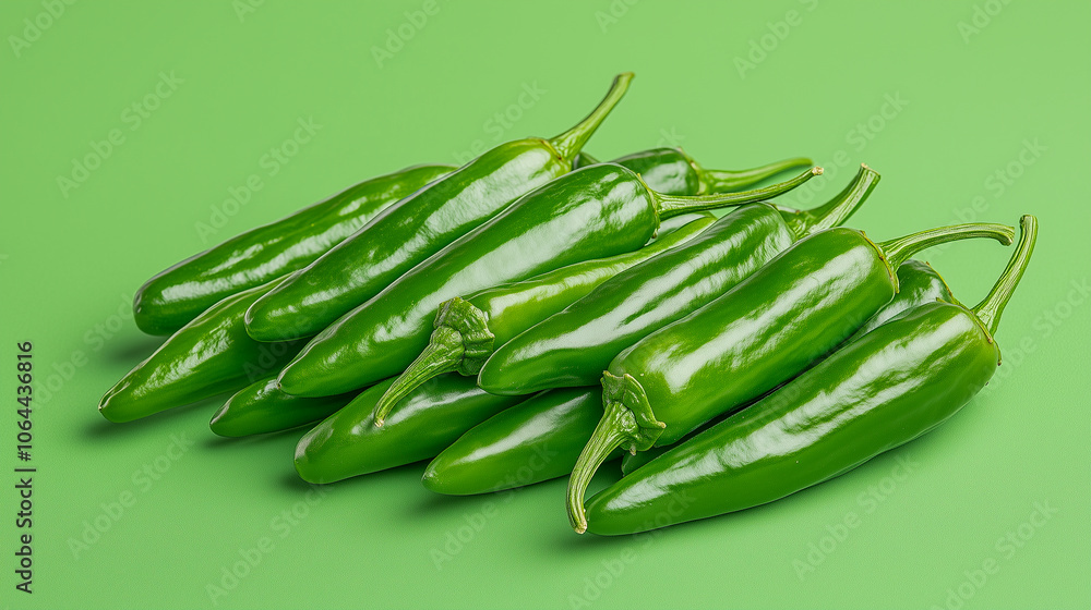 Fresh padron pepper on green background. Vibrant colorful pattern