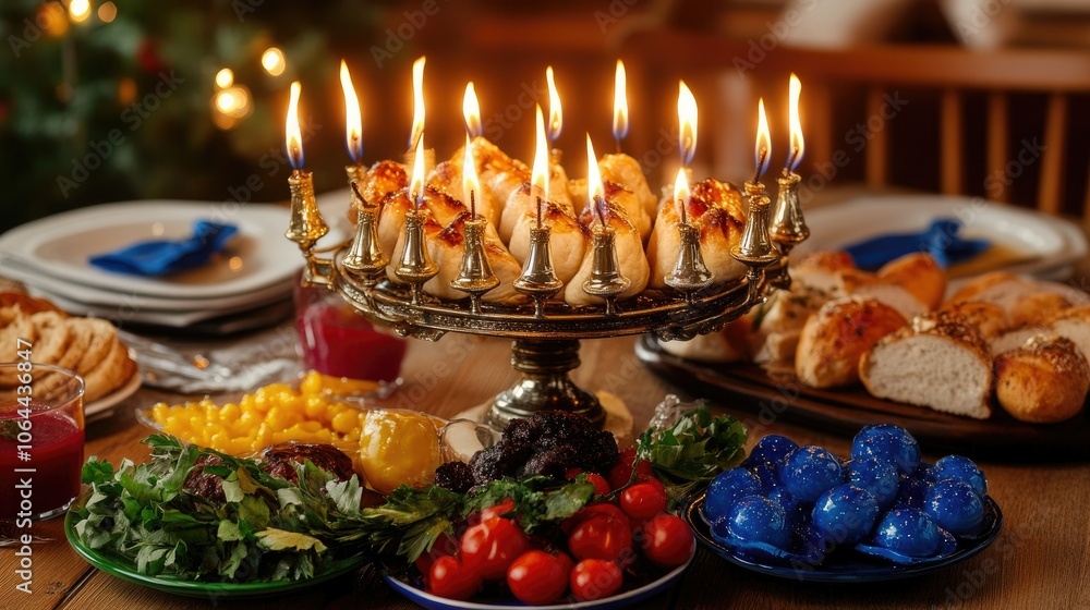 Festive Table with Candlelit Centerpiece and Dishes Festive Table with Candlelit Centerpiece and Dishes