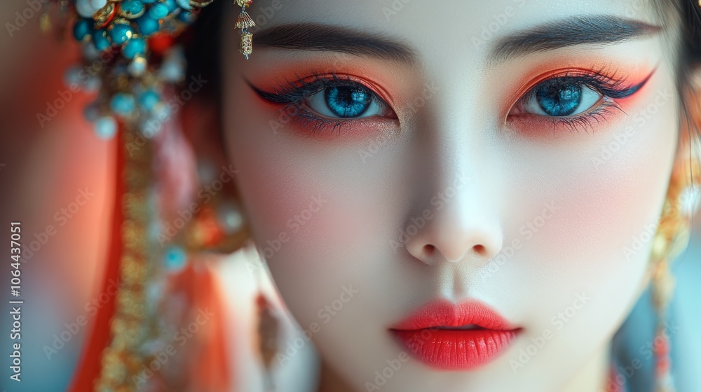 Stunning close-up of a woman in traditional makeup and attire Stunning close-up of a woman in traditional makeup and attire
