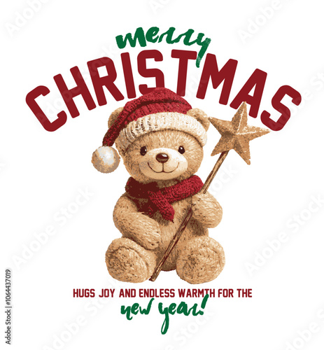 Christmas themed cute teddy bear vector illustration.Christmas Greeting Card with Santa Claus.Happy new year lettering.T-shirt Graphics.New Year Cards.Cute teddy bear graphic design wit