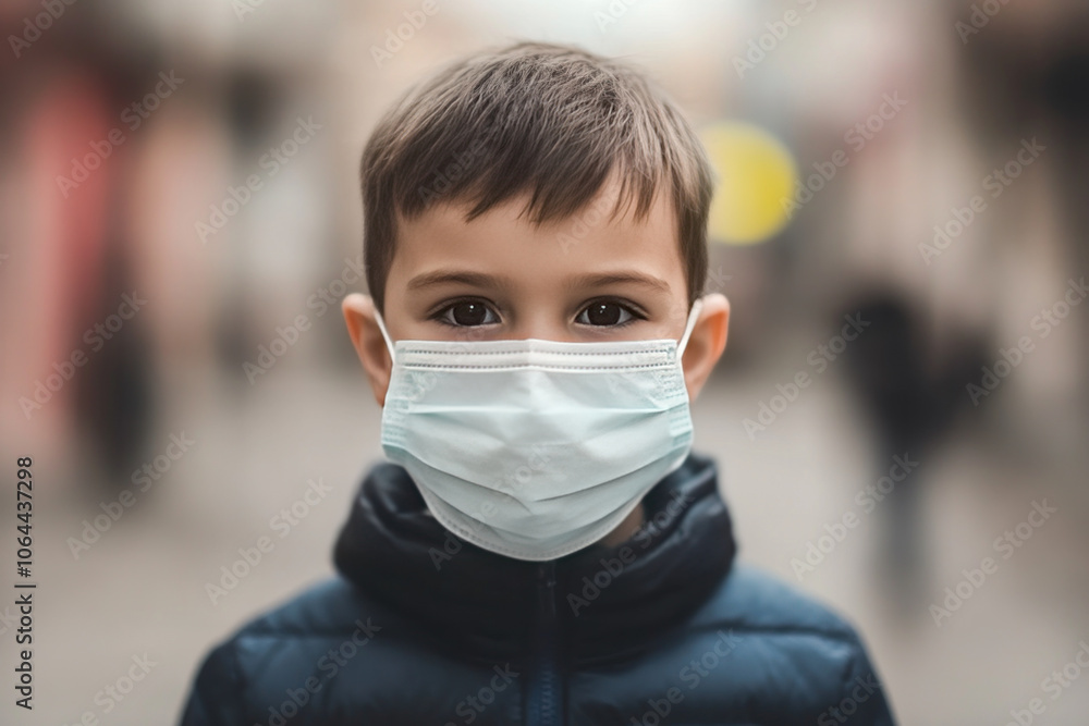 young boy wearing medical mask, looking directly at camera with serious eyes. background is blurred, suggesting outdoor setting young boy wearing medical mask, looking directly at camera with serious eyes. background is blurred, suggesting outdoor setting