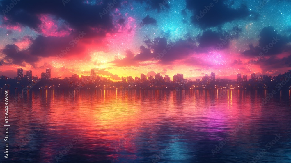 Vibrant sunset over a city skyline reflecting on water Vibrant sunset over a city skyline reflecting on water