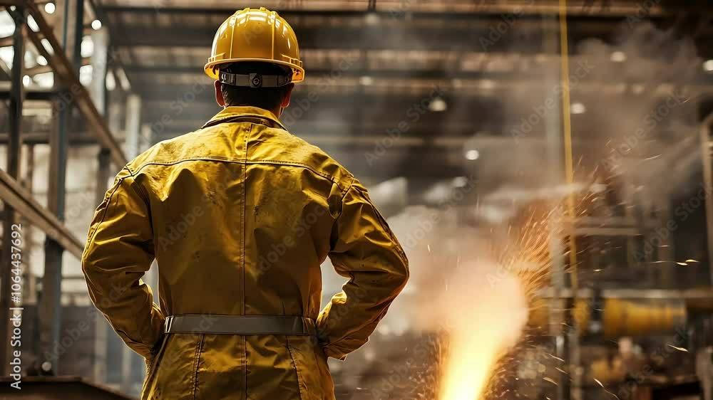 A worker in a yellow safety suit and helmet observes a factory environment filled with sparks, emphasizing safety and industrial activity. A worker in a yellow safety suit and helmet observes a factory environment filled with sparks, emphasizing safety and industrial activity.