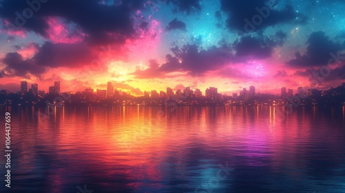 Vibrant sunset over a city skyline reflecting on water