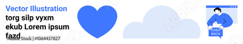 Blue heart icon, light blue cloud graphic, and person holding feedback card on computer screen. Ideal for web design, app interfaces, social campaigns, customer reviews, user engagement, feedback