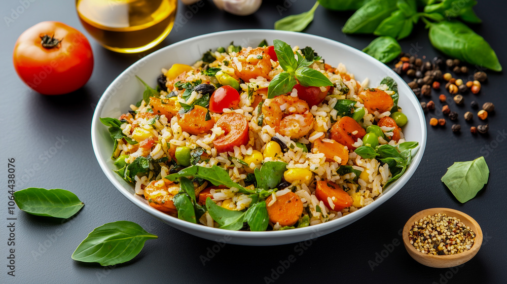 Fresh salad with rice and vegetable on dark background top view with space for text. Healthy food Fresh salad with rice and vegetable on dark background top view with space for text. Healthy food