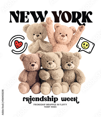 Cute teddy bear illustration.Funny teddy bears vector graphic.Cute cartoon character illustration for children's textile products.Cartoon bears doll in oversize fashion style .Cute bear graphic design