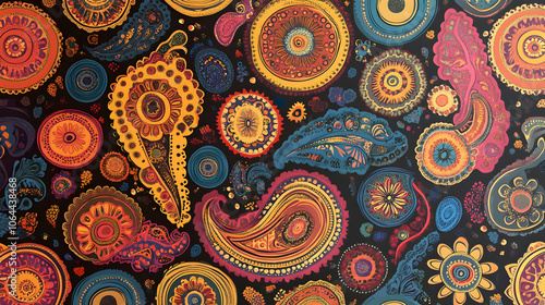 Vibrant paisley pattern in colorful hues on black background.