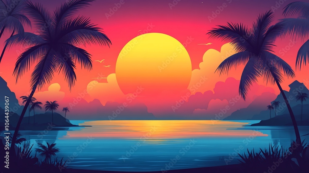 A vibrant sunset over a tropical island with silhouetted palm trees and a calm ocean. A vibrant sunset over a tropical island with silhouetted palm trees and a calm ocean.