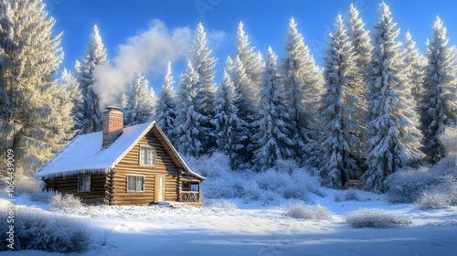 A cozy cabin nestled in a snowy forest with smoke rising from its chimney on a sunny winter day.