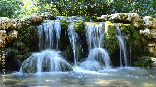 A small waterfall cascades over moss-covered rocks, creating a serene and tranquil scene.