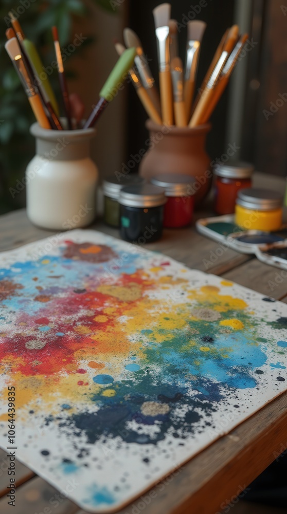 Colorful Paint Splatters and Brushes on a Rustic Table in a Creative Space. Generative AI Colorful Paint Splatters and Brushes on a Rustic Table in a Creative Space. Generative AI