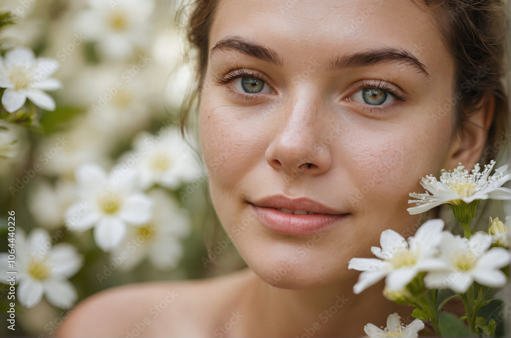 A woman with blue eyes in front of white flowers. A woman with blue eyes in front of white flowers.