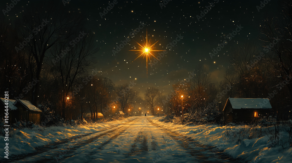 Starry winter night over snowy village road with warm lights Starry winter night over snowy village road with warm lights