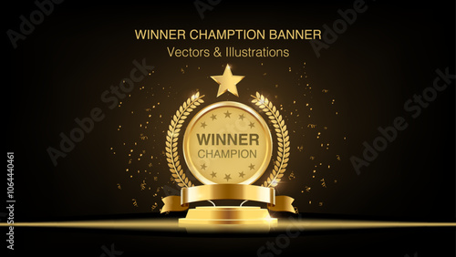 Gold Champion Award Podium with Laurel Wreath, Ribbon, Star and Glitter - Symbol of Victory, Success, and Achievement on Dark Background. Vector.